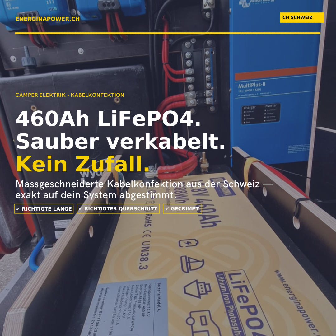 460Ah LiFePO4-Batterie mit Victron MultiPlus-II im Camper – massgeschneiderte Kabelkonfektion von Energinapower Schweiz